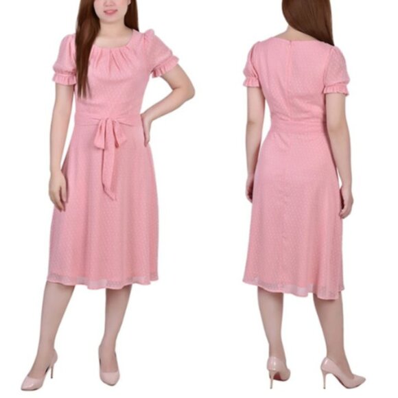 NY Collection Short Sleeve Belted Swiss Dot Dress Mellow Rose Rectangle PL NWT - Picture 1 of 5